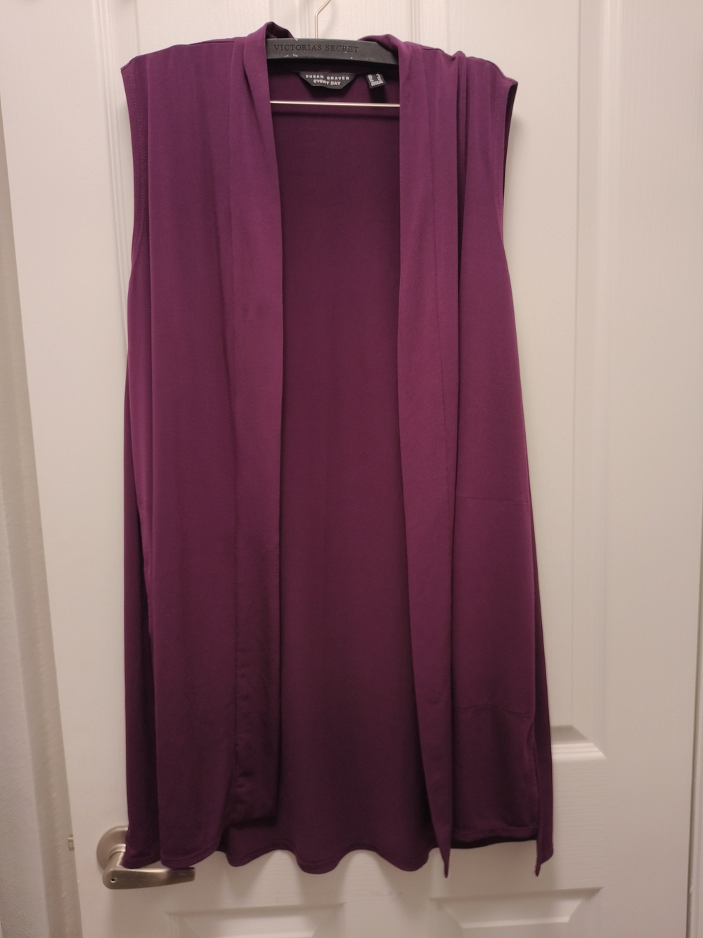 Susan Graver Everyday Open Front Sleeveless Drape Cardigan Purple Liquid Knit